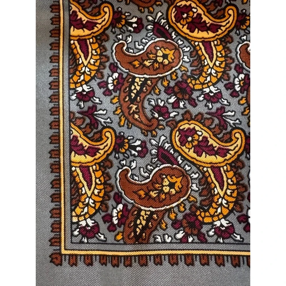 Echo Vintage Paisley Silk Chinon Scarf Gray Gold Hand Rolled 24 Inch Square